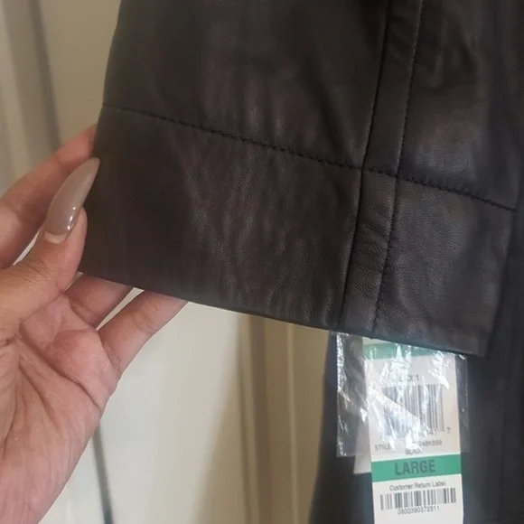 NWT INC Black Genuine Leather Trench Button Long Sleeve Coat Jacket Size…